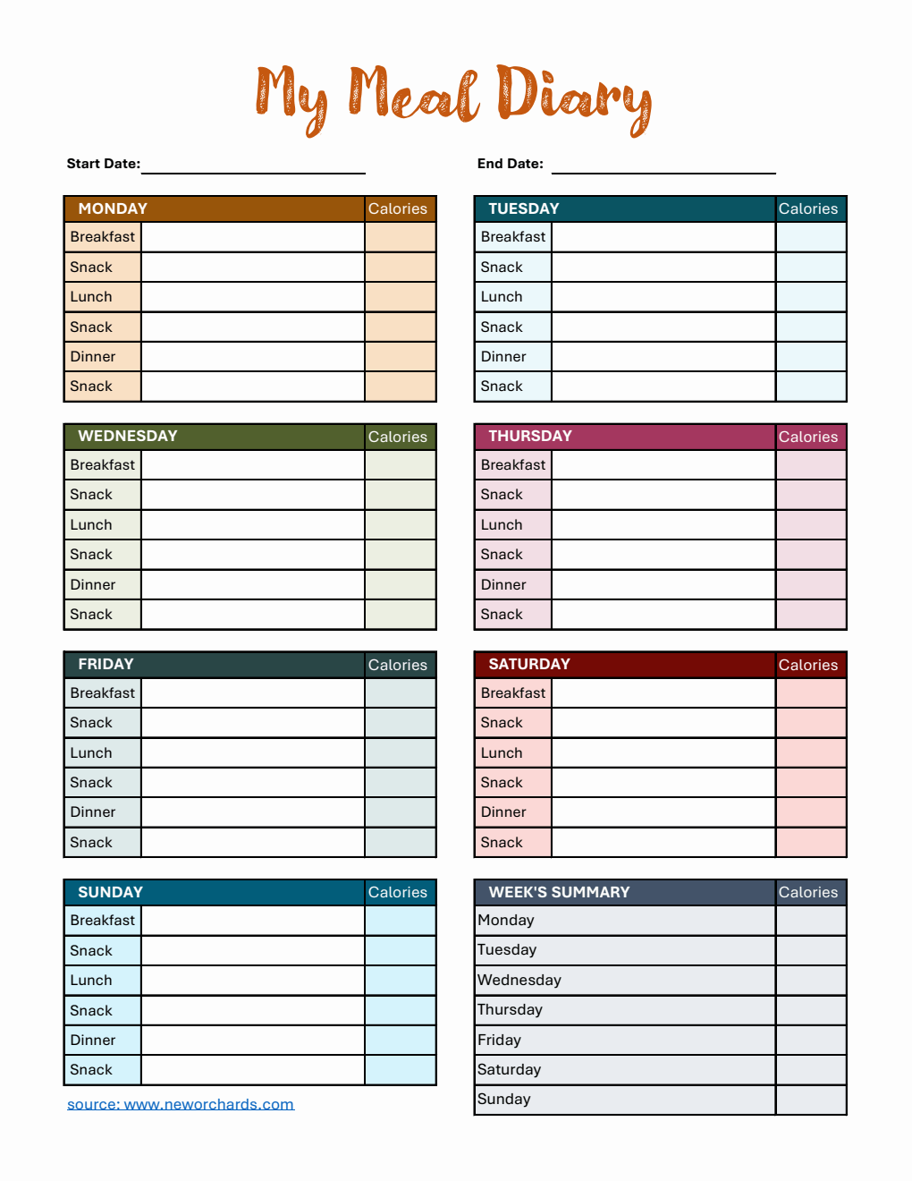 Free  Meal Diary Template with Calorie Tracking Excel