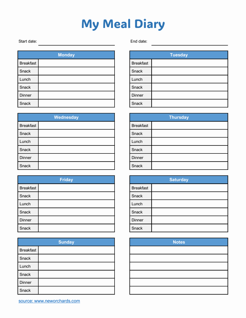 Free  Meal Diary Template Excel