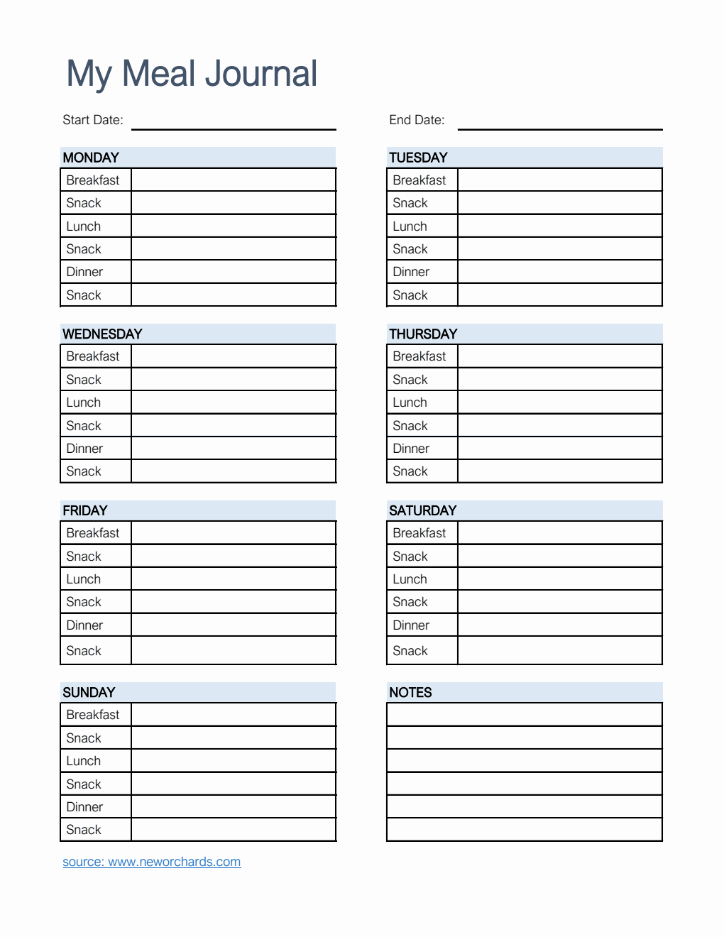  Meal Journal Excel Template