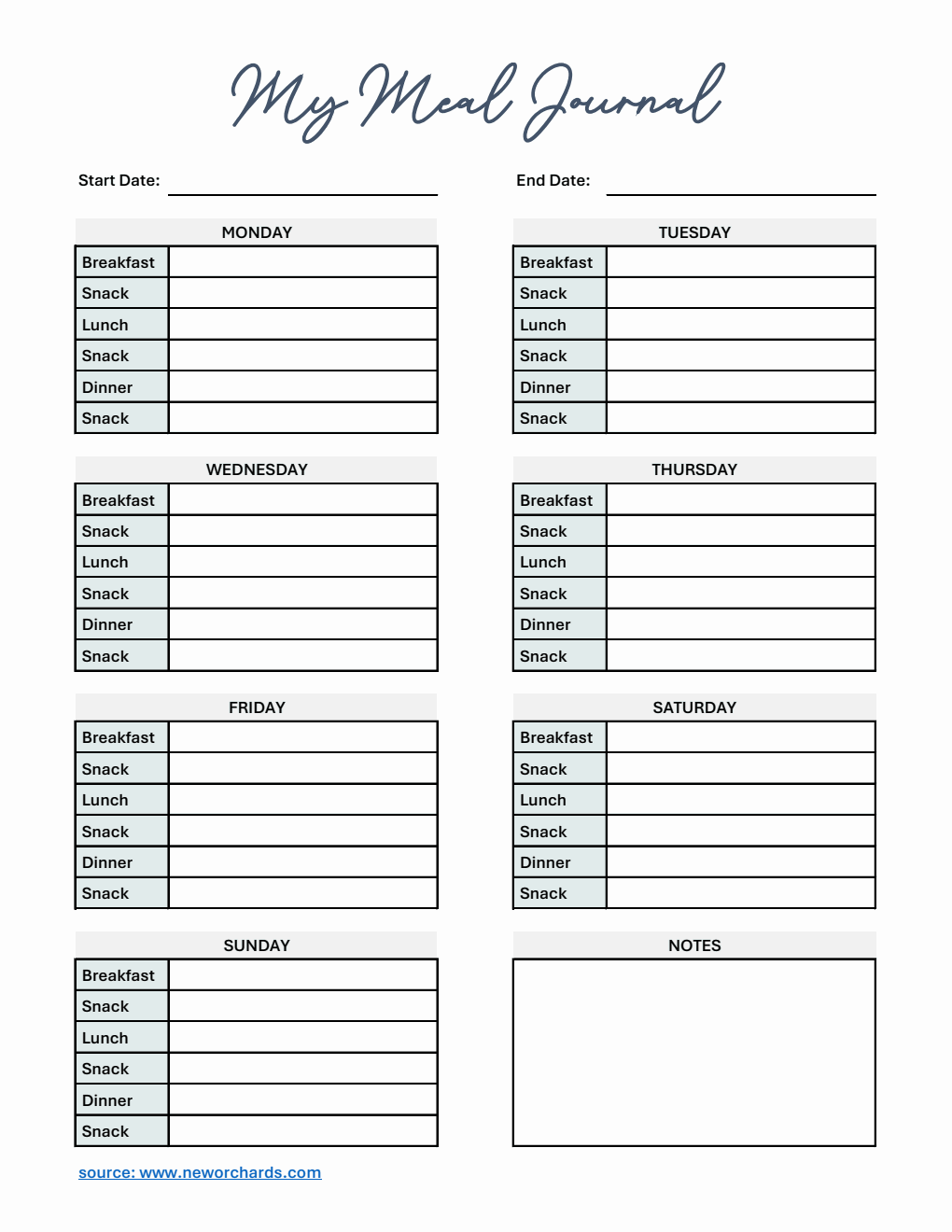 Editable Meal Journal Excel Template
