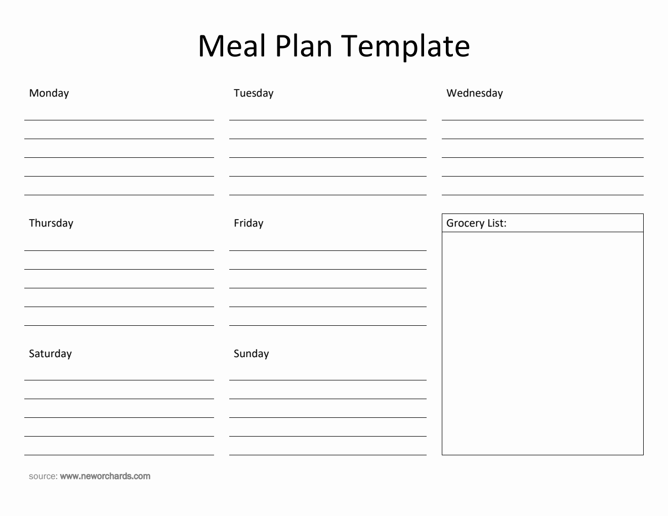 Free Printable Meal Plan Template with Grocery List in Word