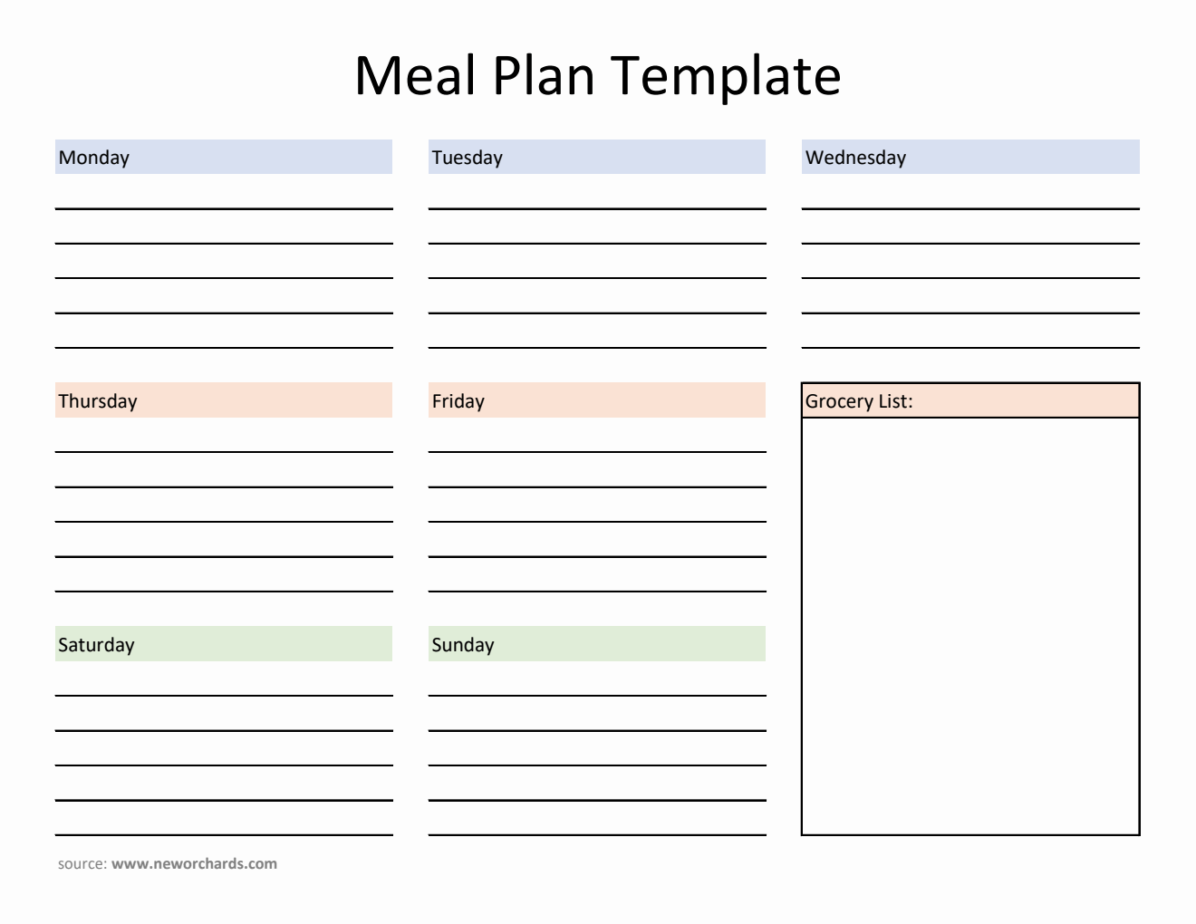 Free Editable Meal Plan Template with Grocery List in Excel