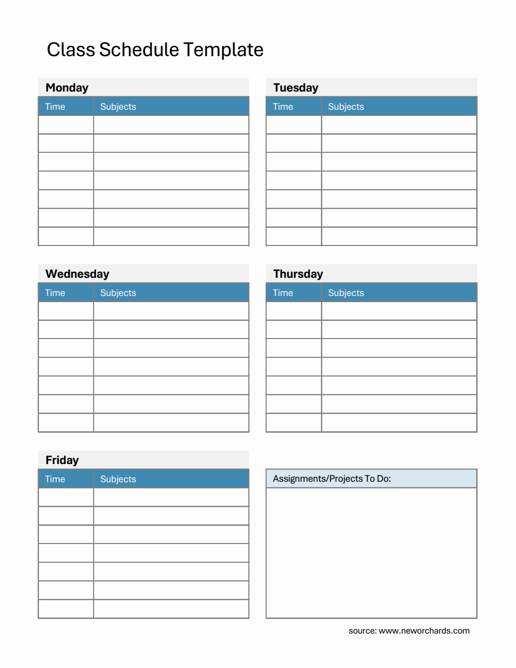 Customizable Monday to Friday Class Schedule Template with Assignment Tracker (Excel)
