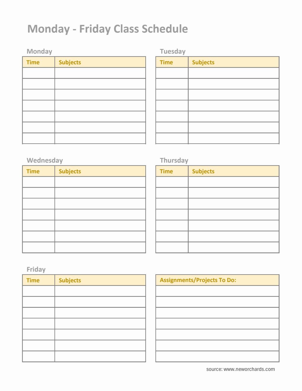 Monday to Friday Class Schedule Template with Assignment Tracker (Excel)