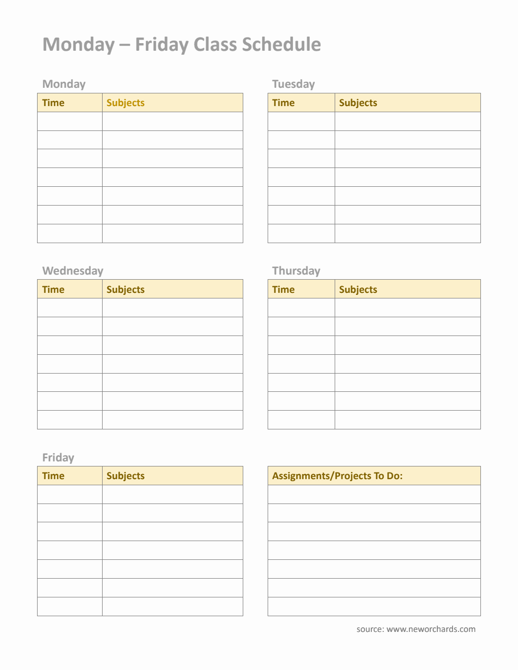  Monday to Friday Class Schedule Template with Assignment Tracker (Word)