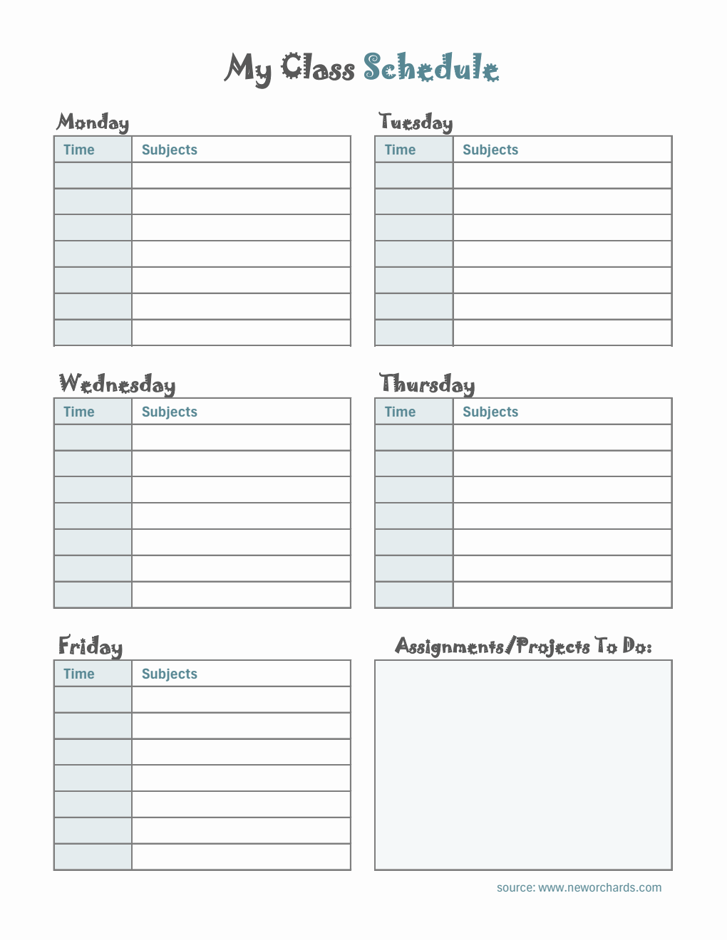 Printable Monday to Friday Class Schedule Template with Assignment Tracker (Excel)