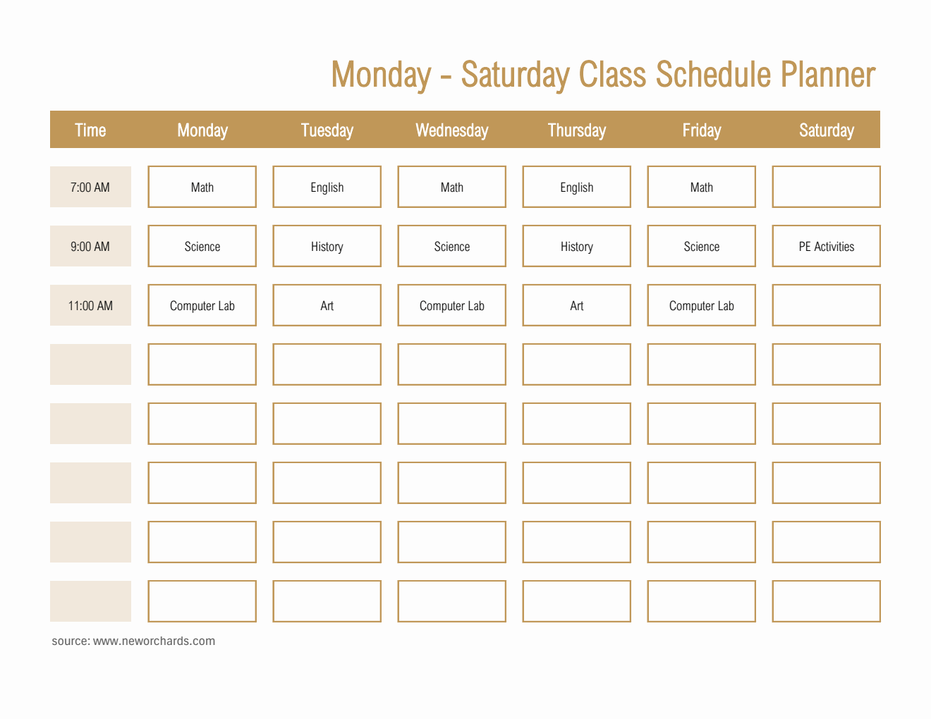 Customizable Monday-Saturday Class Schedule Planner (Excel)