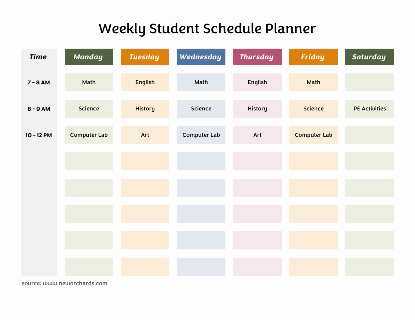 Downloadable Monday-Saturday Class Schedule Planner (Excel)