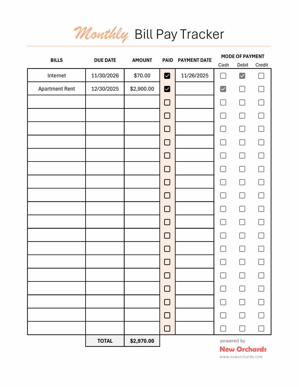 Free Printable Monthly Bill Tracker Excel Template