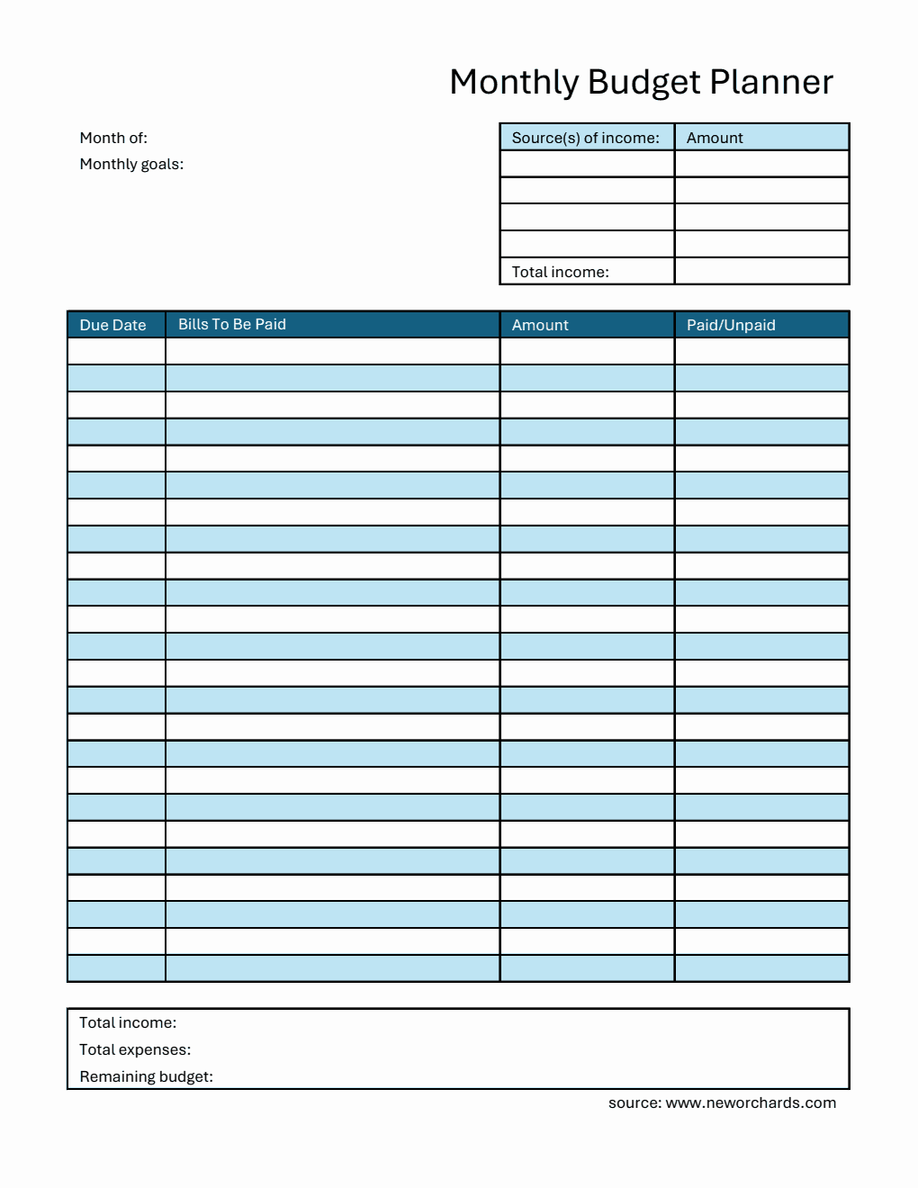 Customizable Monthly Budget Planner in Excel Format