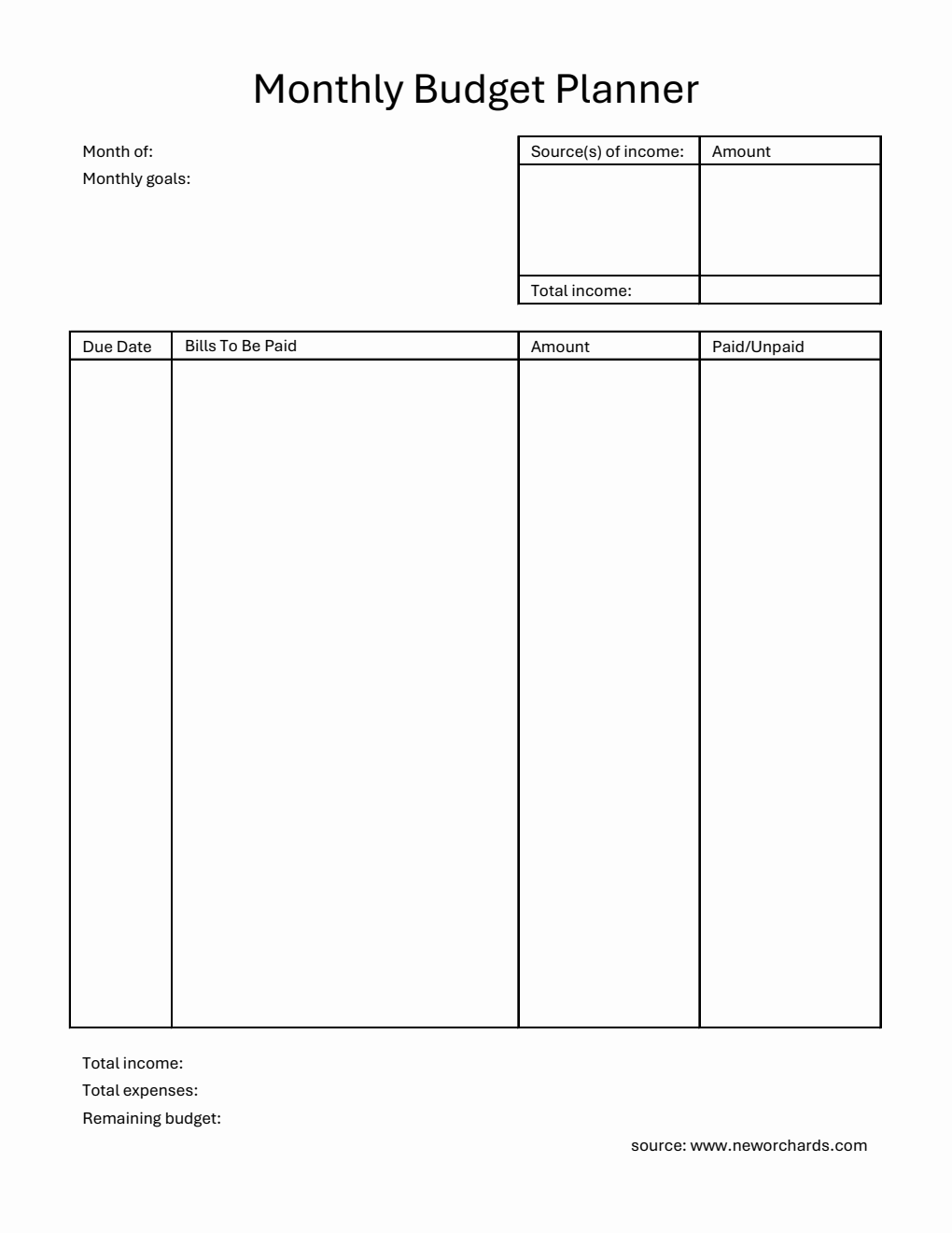 Blank Monthly Budget Planner in Excel Format