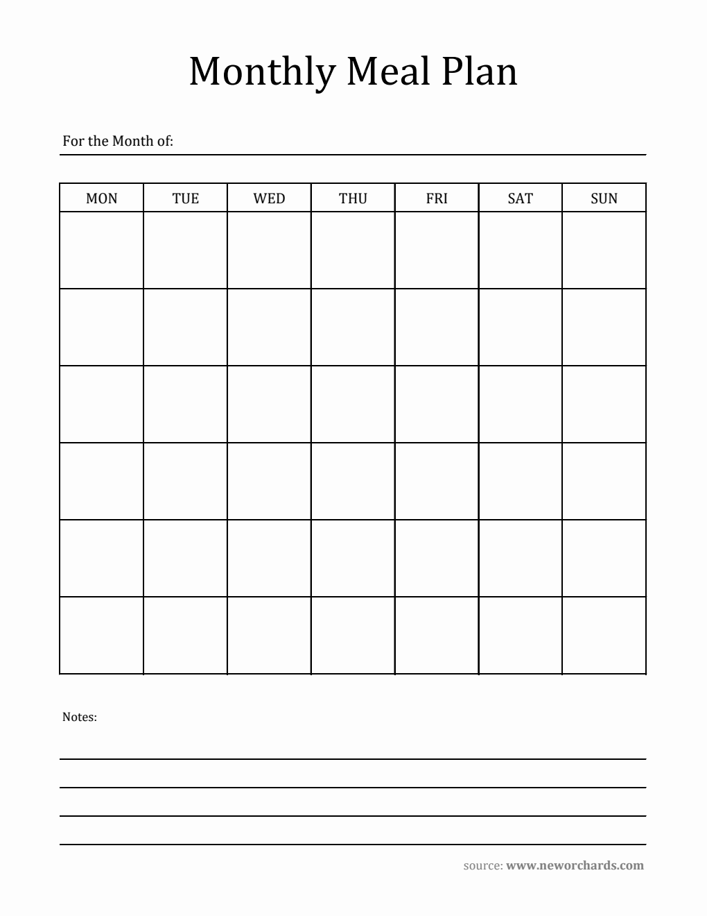 Free Printable Monthly Meal Plan Template - Excel