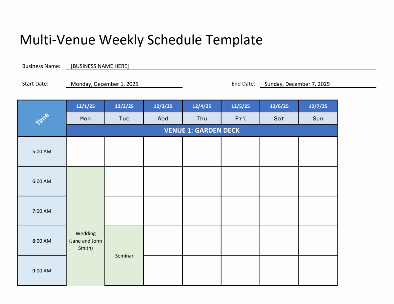 Multi-Venue Weekly Schedule Template | Free to Edit in Excel Spreadsheet