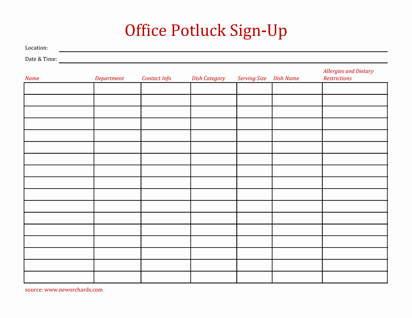 Free Basic Office Potluck Sign-Up Sheet Template in Excel