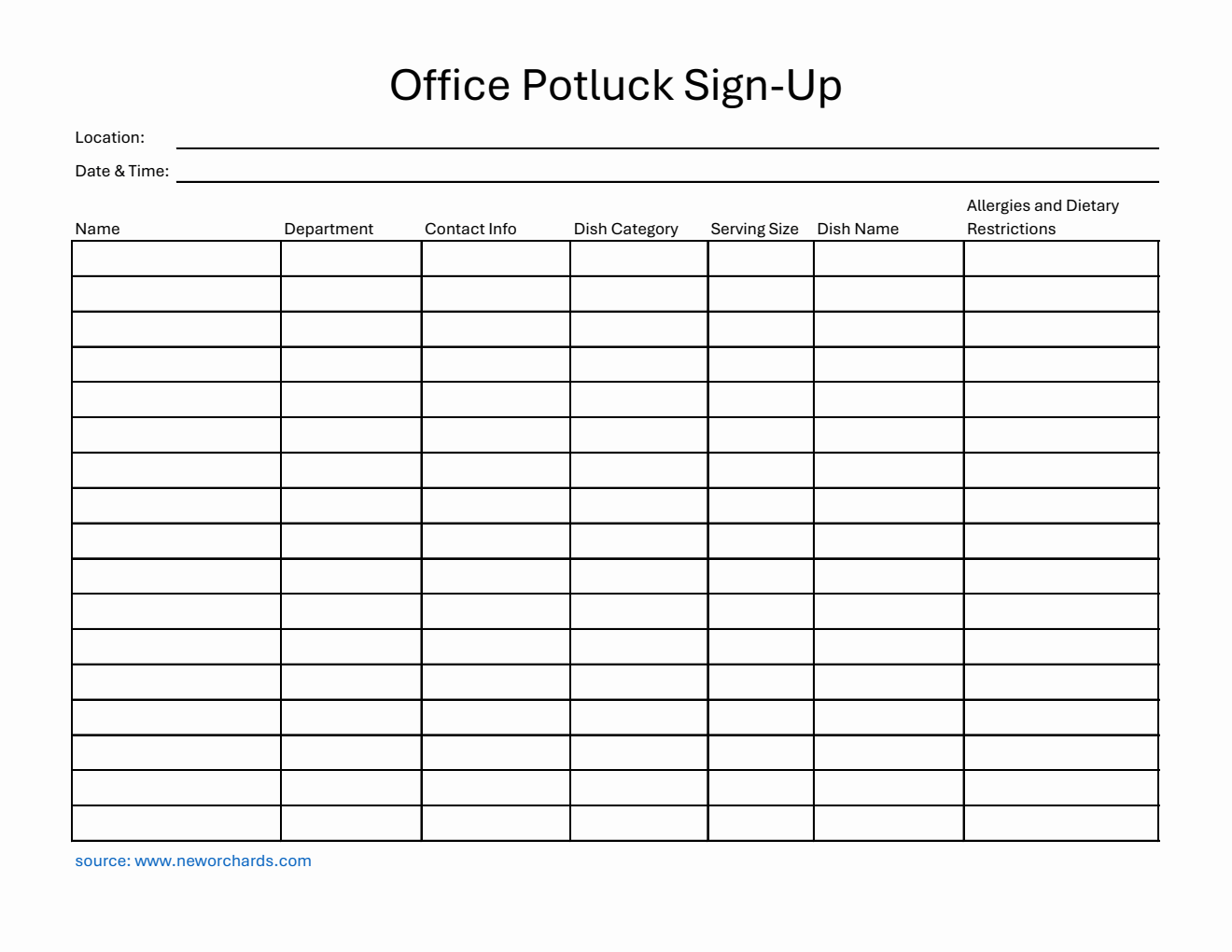 Free Printable Office Potluck Sign-Up Sheet Template in Excel