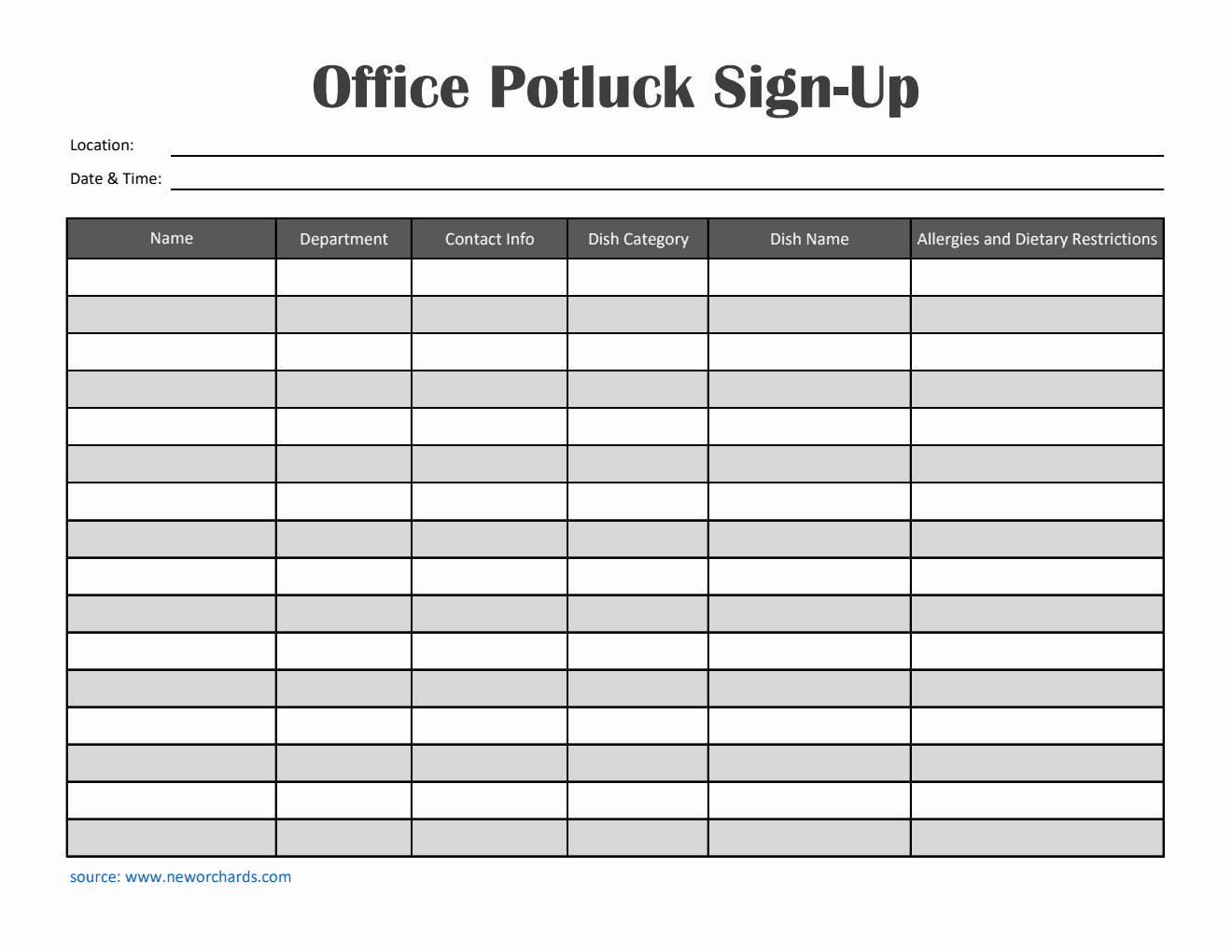 Free Simple Office Potluck Sign-Up Sheet Template in Excel