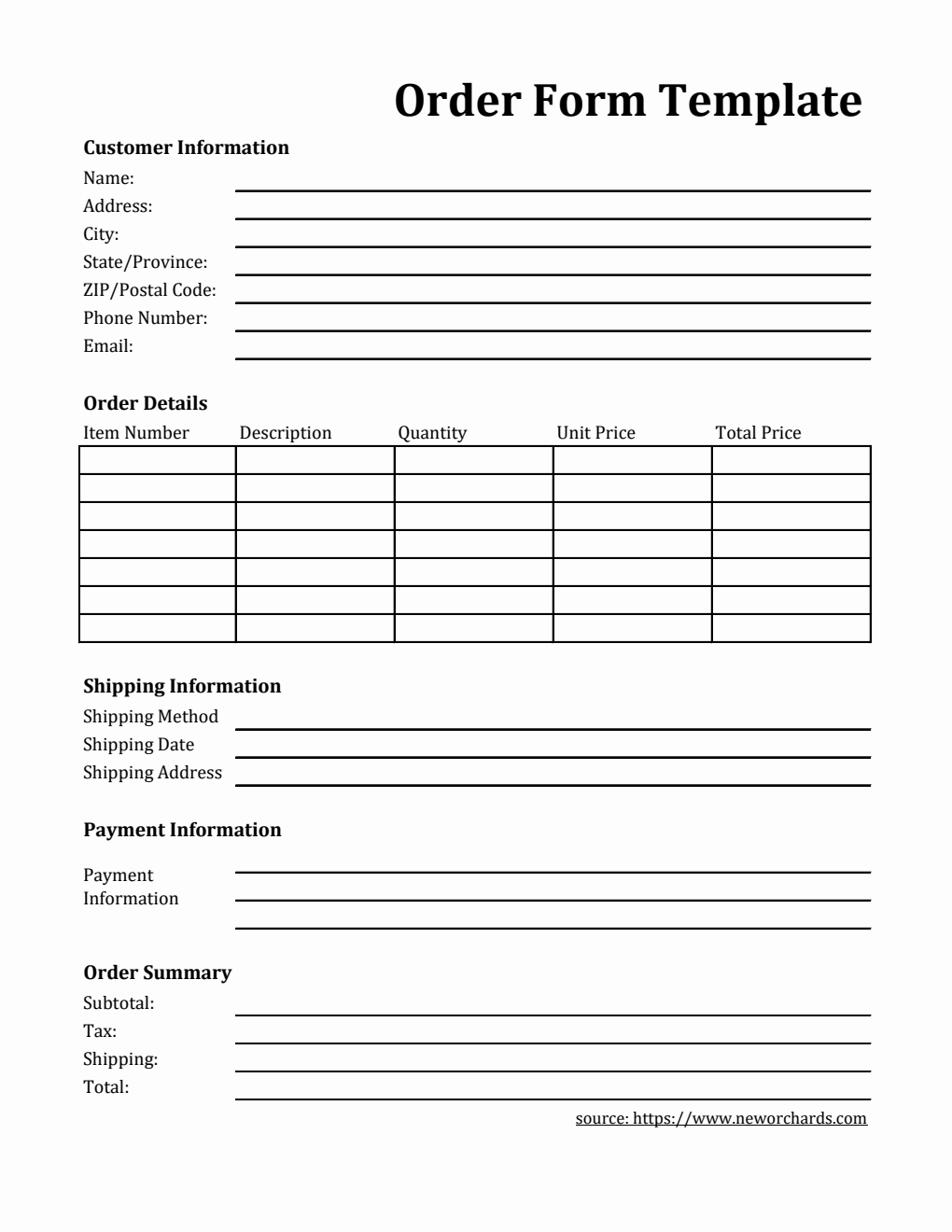Simple Order Form Template in Excel