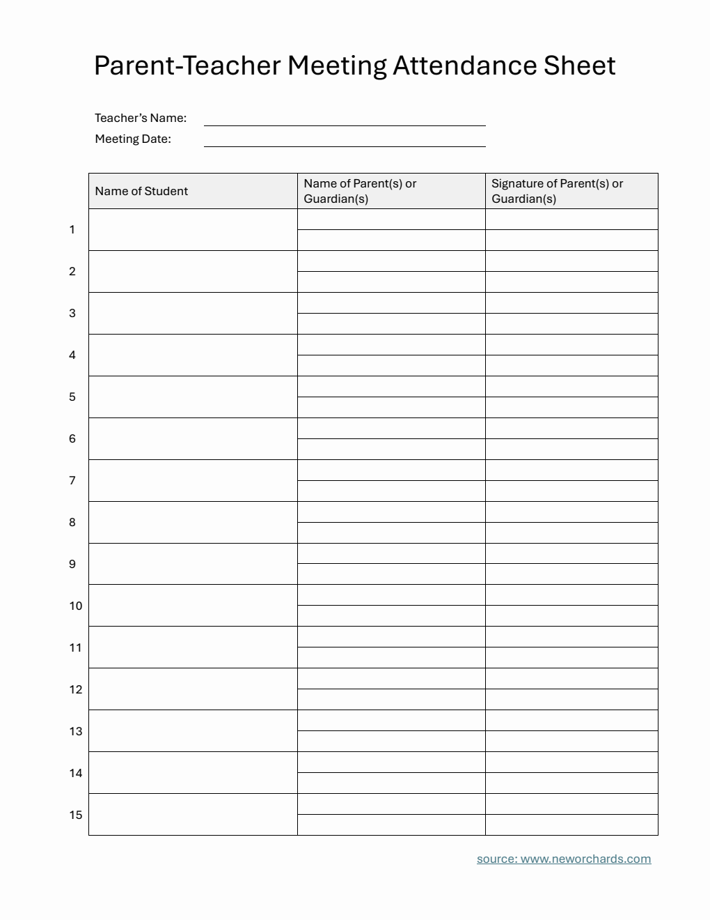 Parent-Teacher Meeting Attendance Sheet in PDF (Printable)