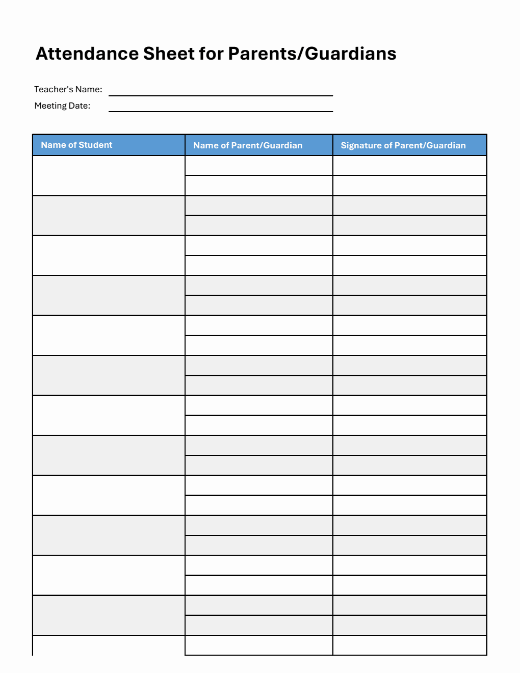Parent-Teacher Meeting Attendance Sheet in Excel (Customizable)