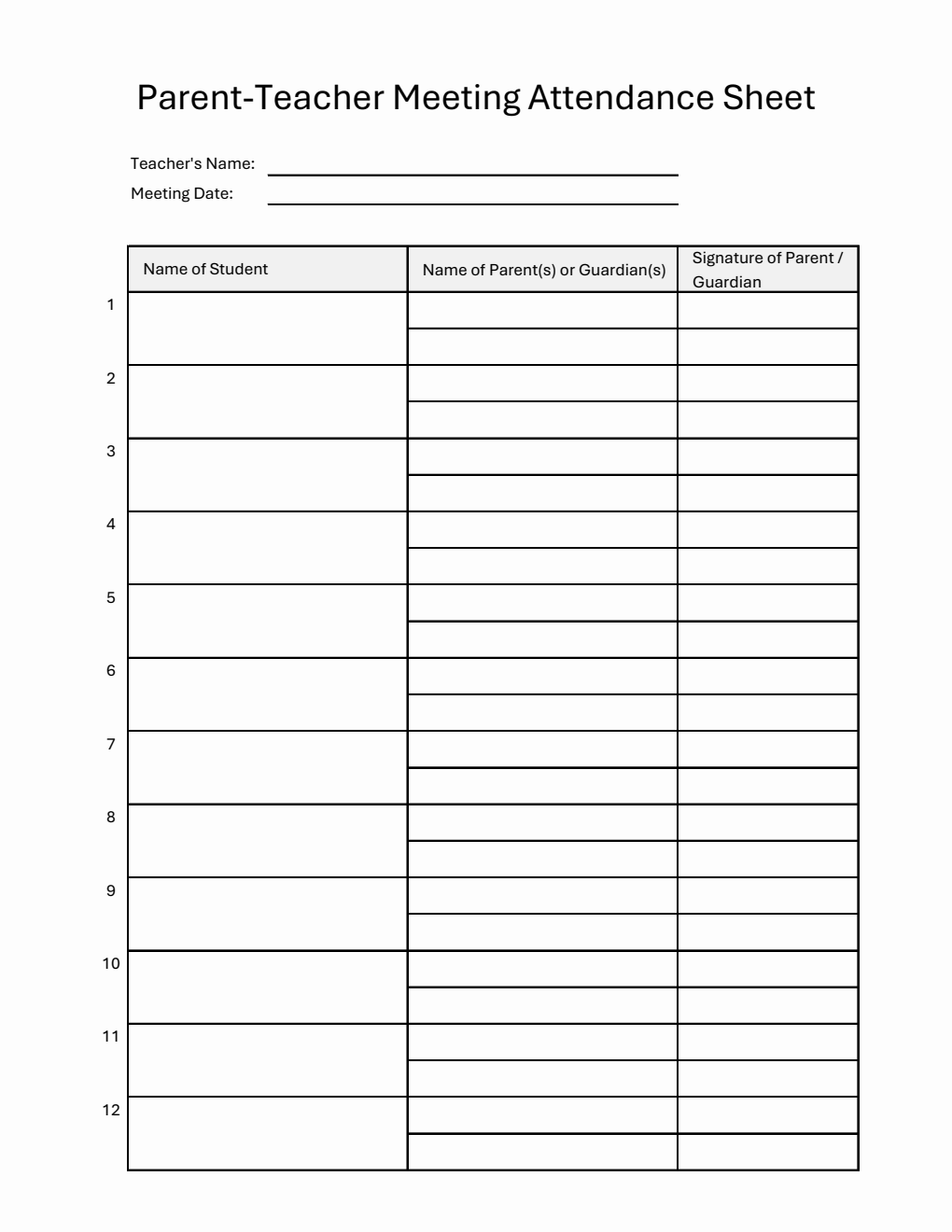 Parent-Teacher Meeting Attendance Sheet in Excel (Printable)