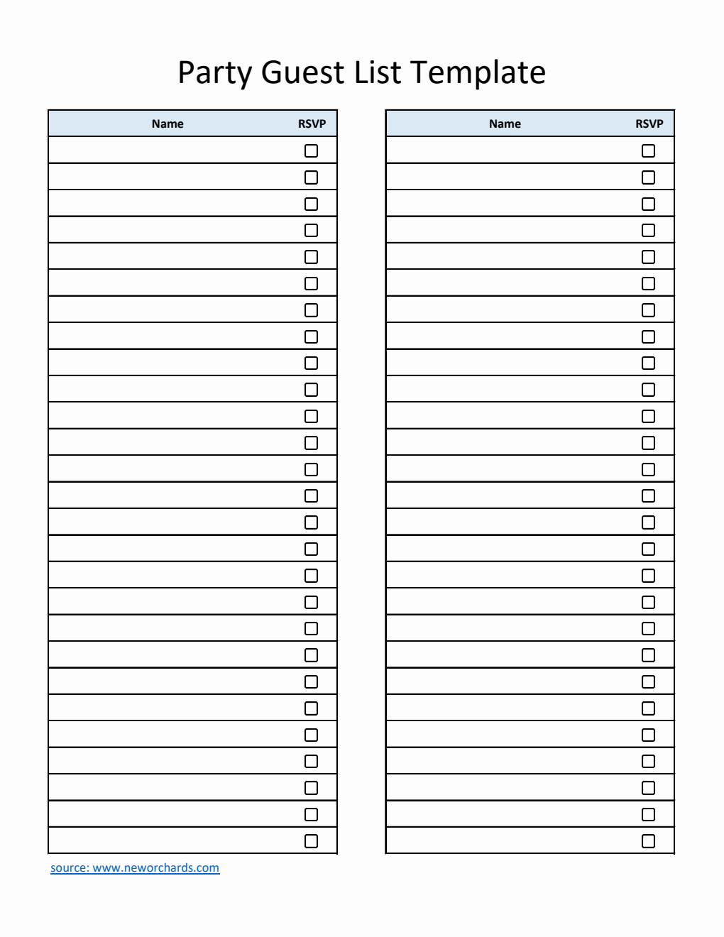 Basic Party Guest List Template Excel (Simple)