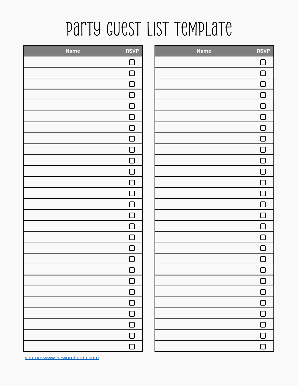 Basic Party Guest List Template Excel (Striped)