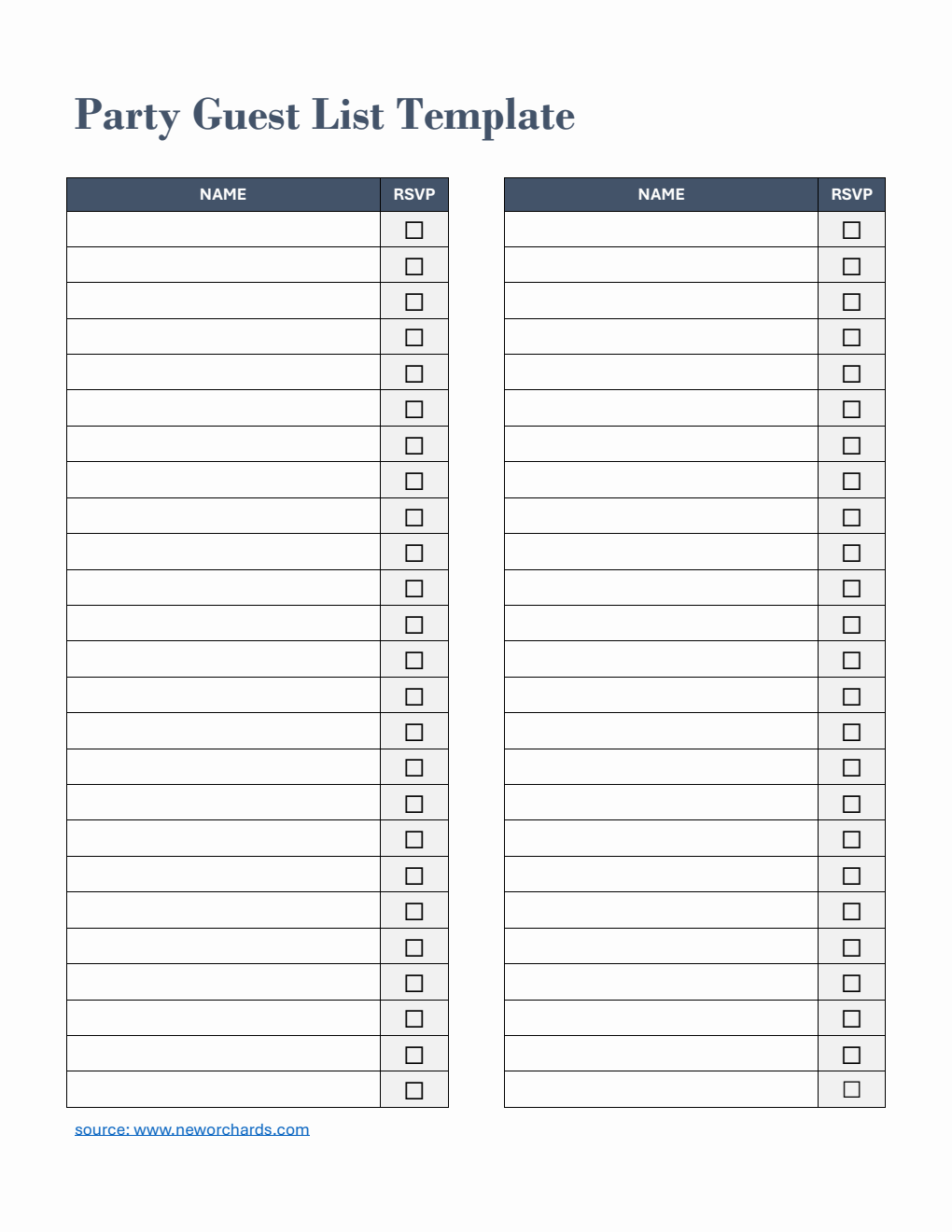 Basic Party Guest List Template PDF (Blue)