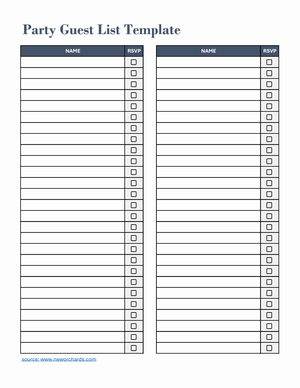 Basic Party Guest List Template Excel (Blue)