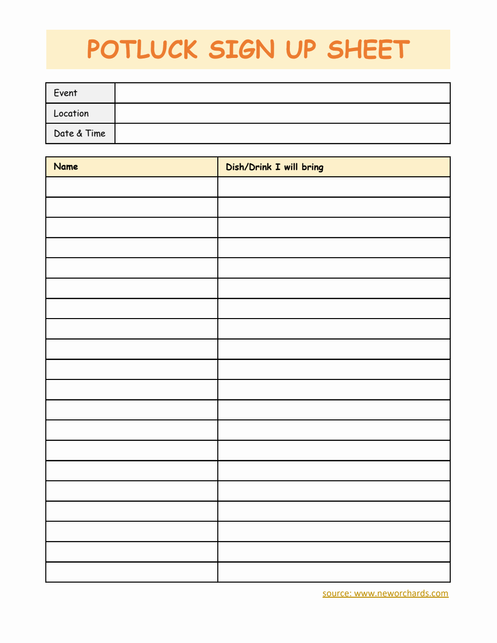Potluck Sign Up Sheet in Excel (Classic)