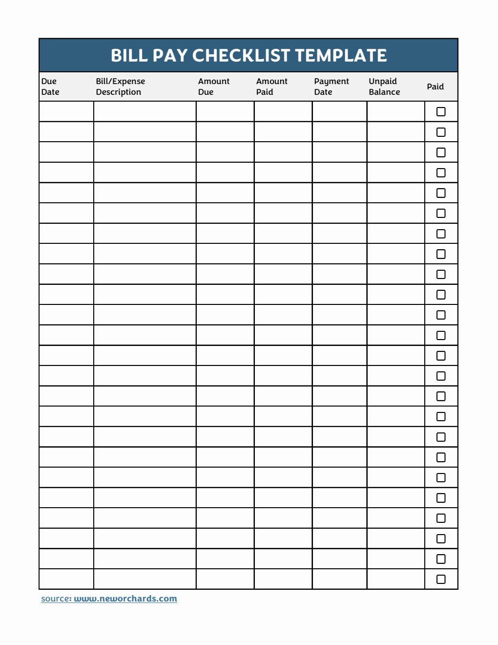 Printable Bill Pay Checklist Template Excel