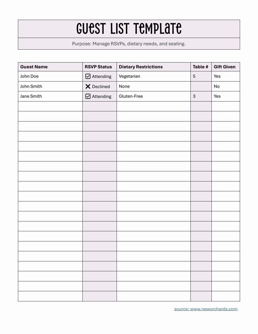Basic Guest List Template Word (with Dietary Restrictions)