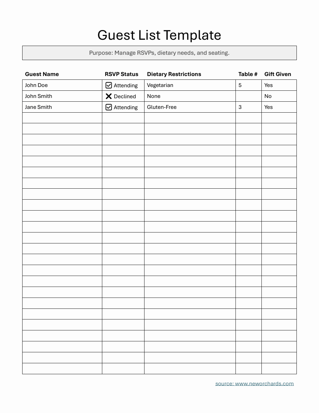  Guest List Template Word (with Dietary Restrictions)