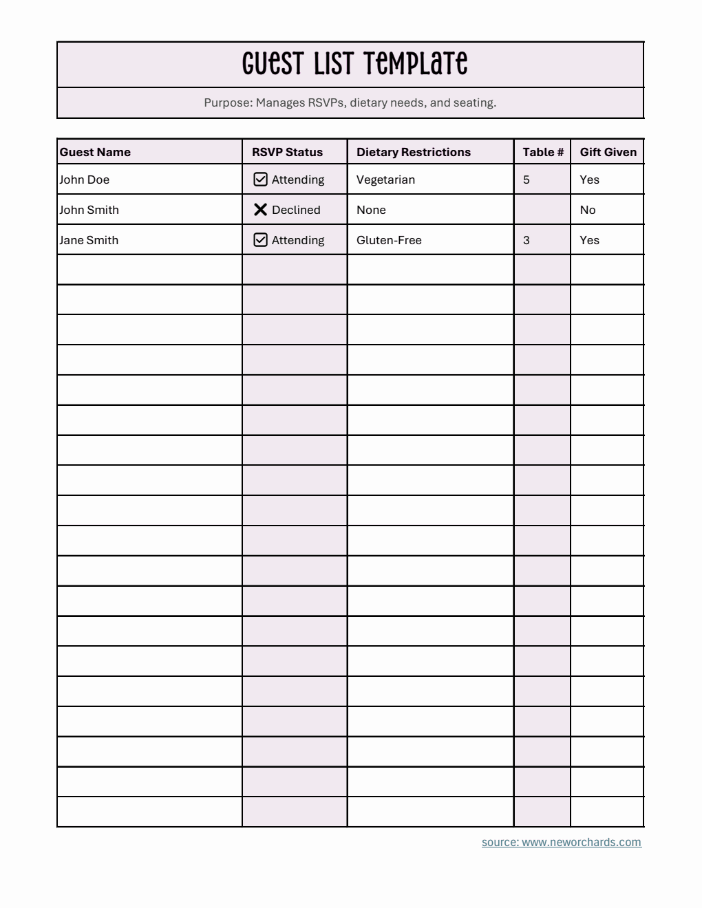 Basic Guest List Template Excel (with Dietary Restrictions)