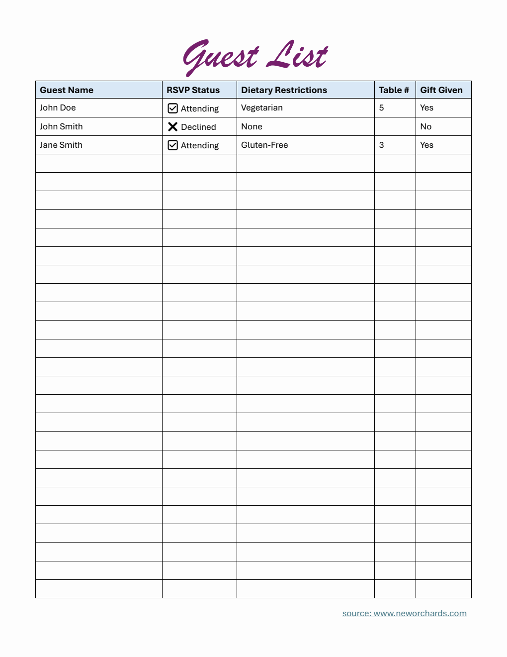 Simple Guest List Template Word (with Dietary Restrictions)