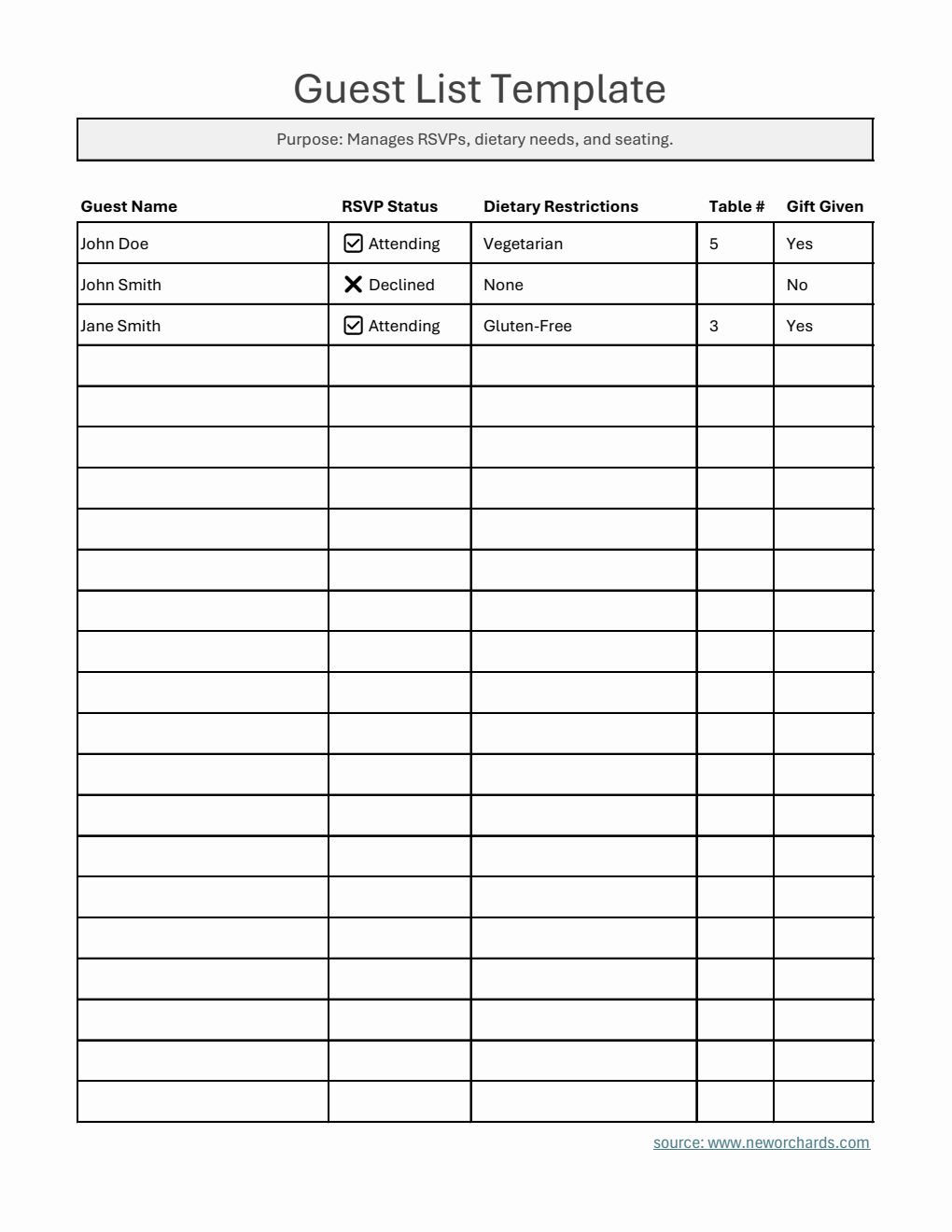  Guest List Template Excel (with Dietary Restrictions)
