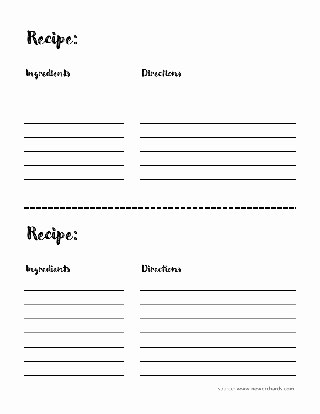 Printable Recipe Card Template - Excel (Plain)