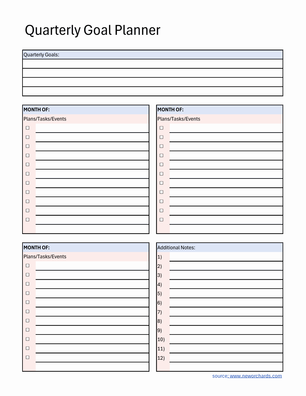 Free Editable Quarterly Goal Planner in Excel Format
