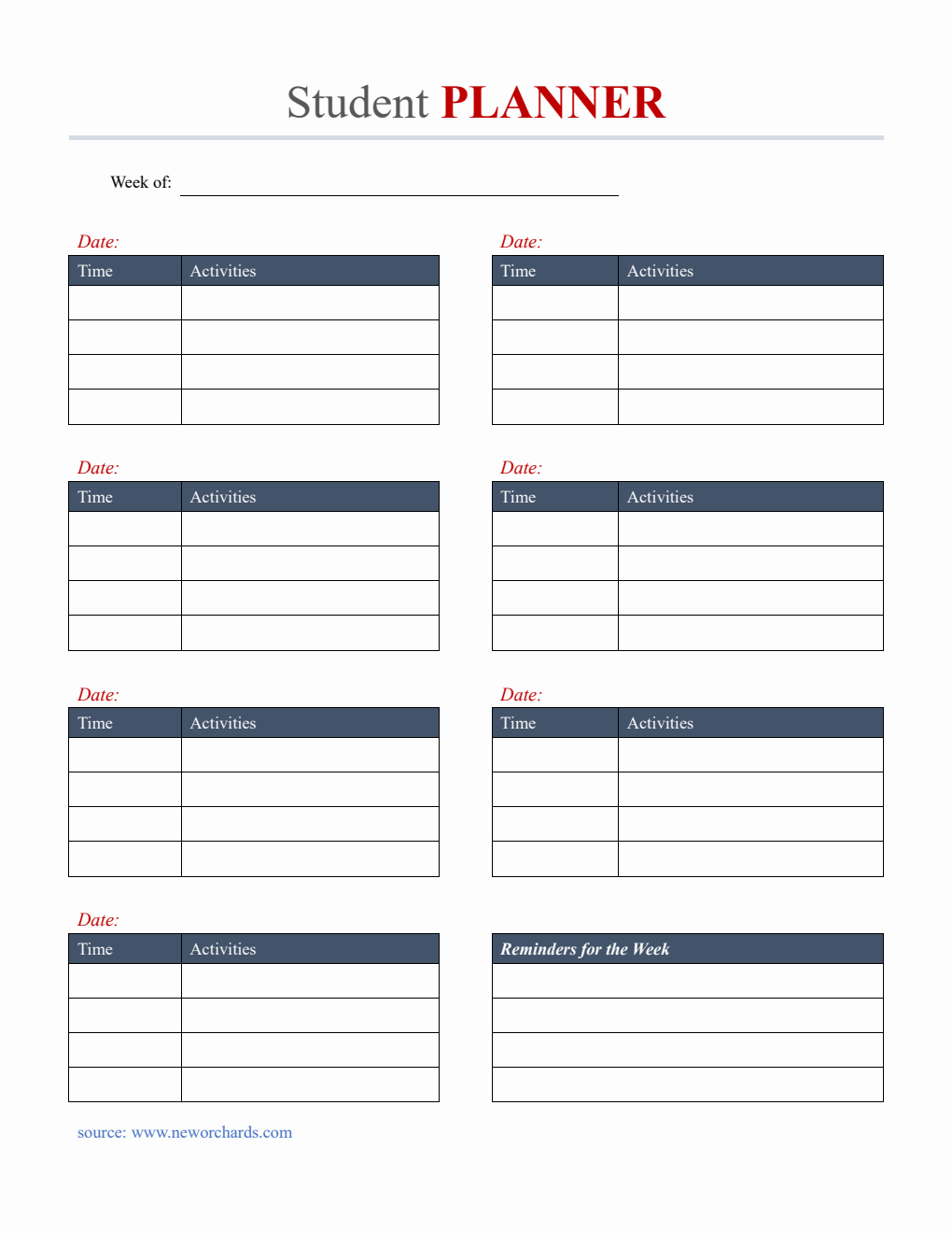 Free Student Planner Template  in Word Format (Editable)
