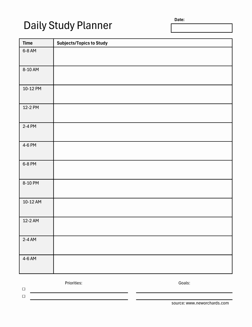 Free Blank Study Planner in Excel