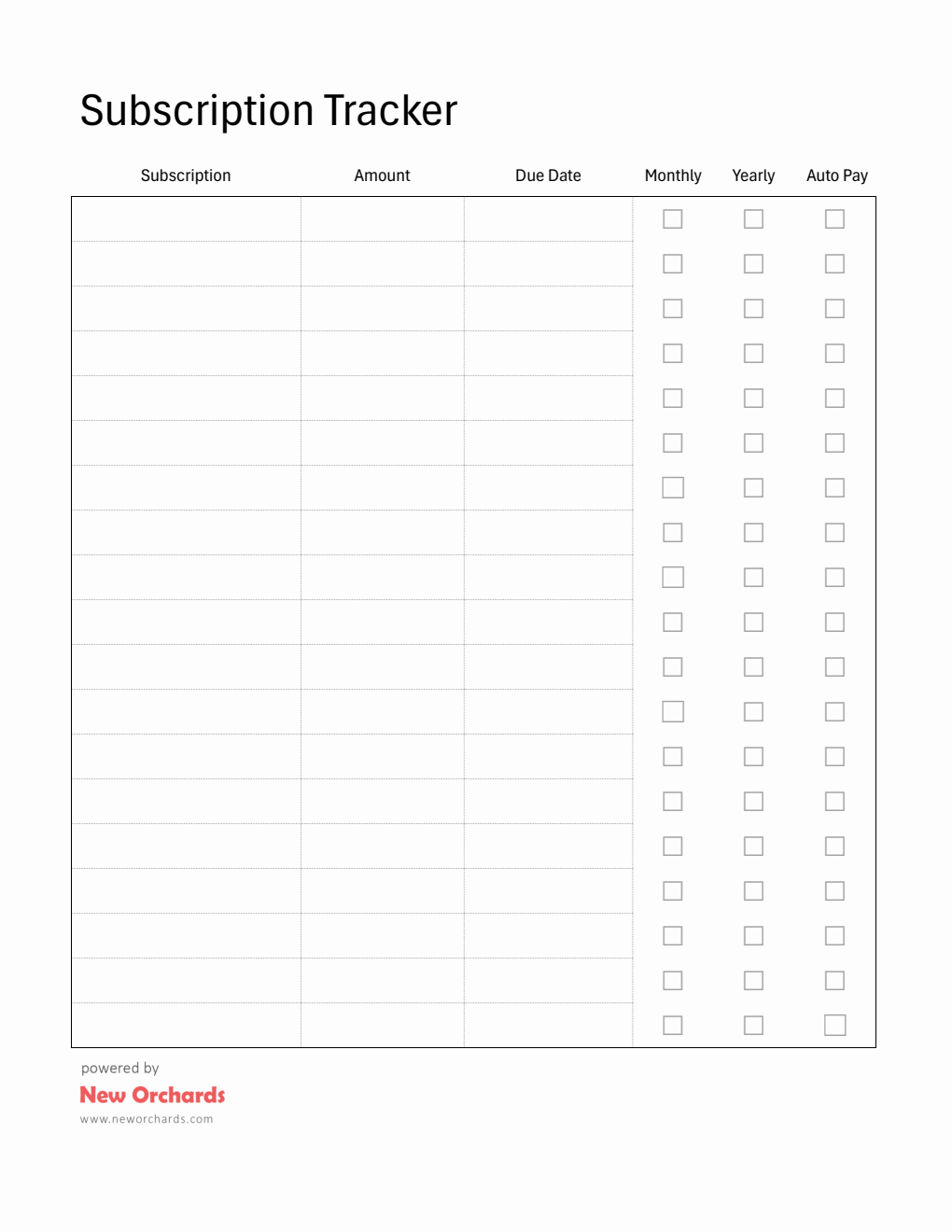 Free Printable Subscription Tracker Template -- Word