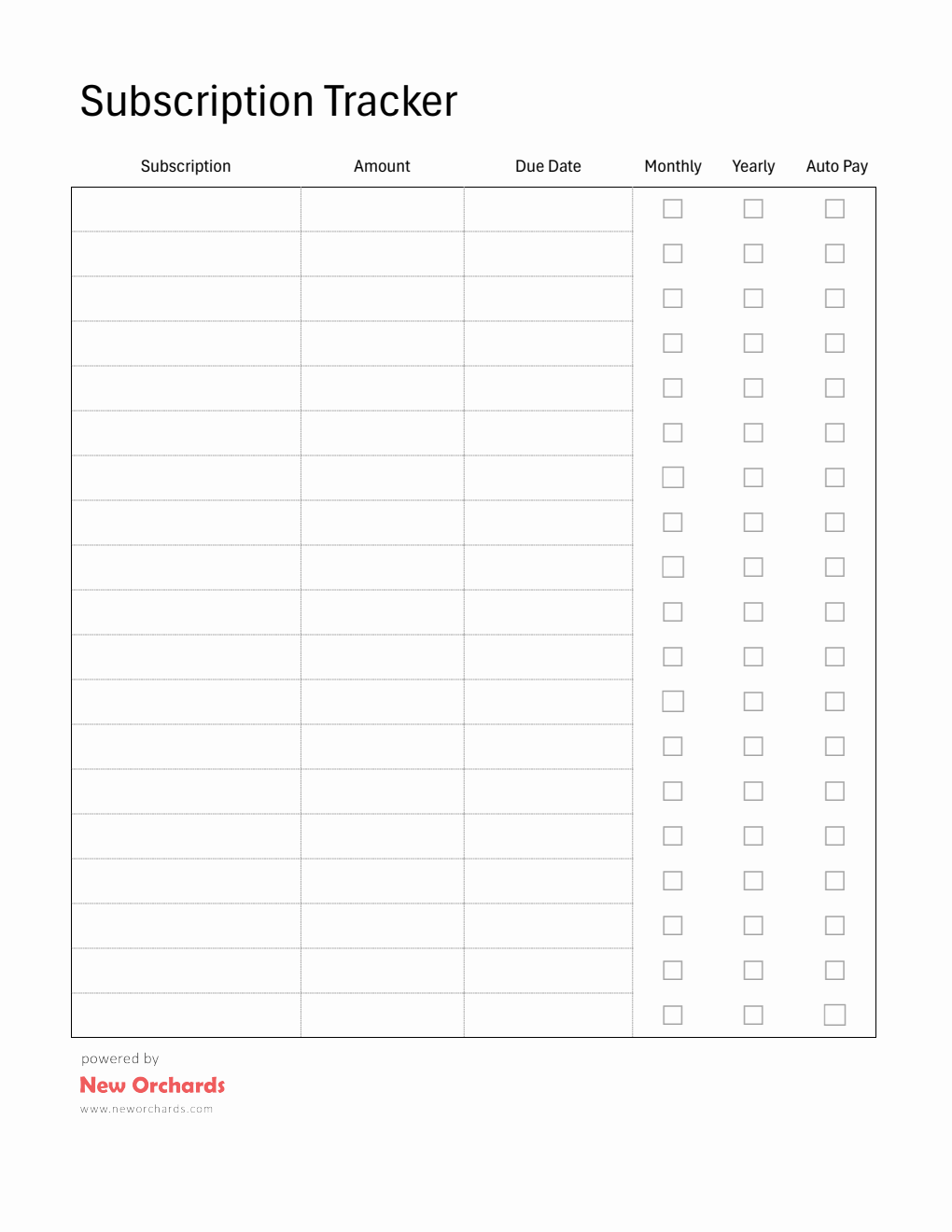 Free Printable Subscription Tracker Template -- PDF