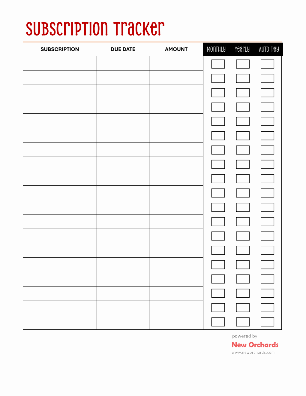 Free Basic Subscription Tracker Template -- PDF