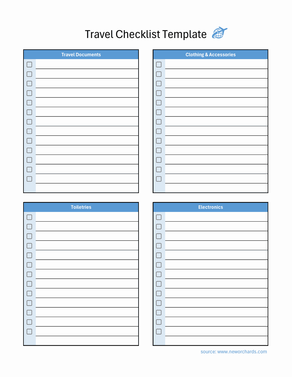 Travel Checklist Template Customizable in Excel