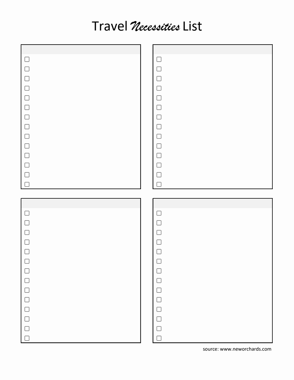 Printable Travel Essentials List Template - Excel Format