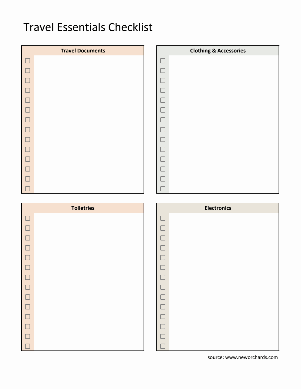 Customizable Travel Essentials List Template - Excel Format