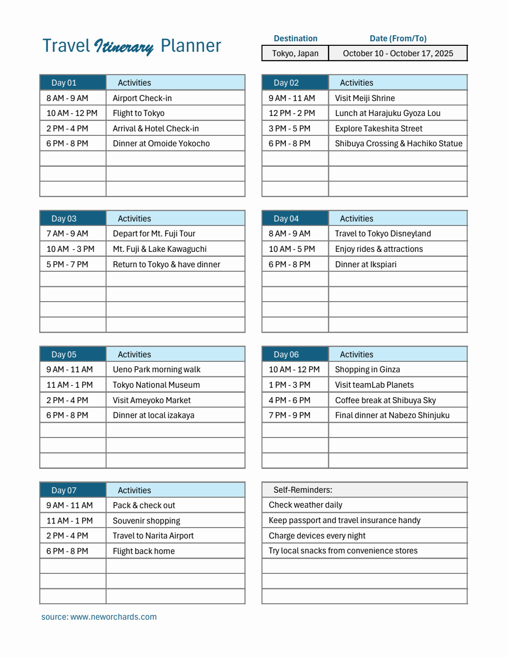 Customizable Travel Itinerary Planner | Free to Download in Excel