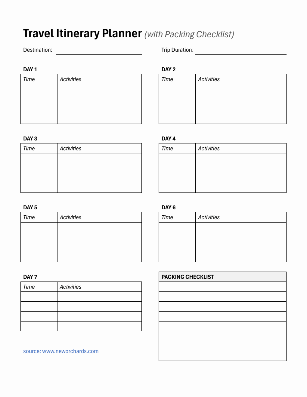 Free Printable Itinerary Template -  Download in PDF