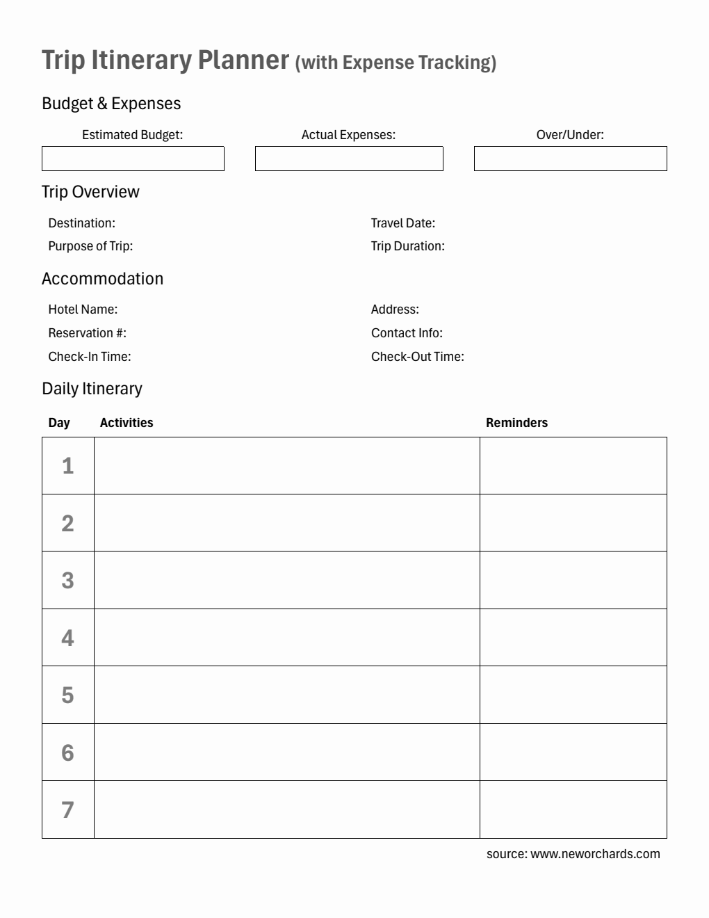 Printable Trip Itinerary Planner with Expense Tracking (PDF Format)