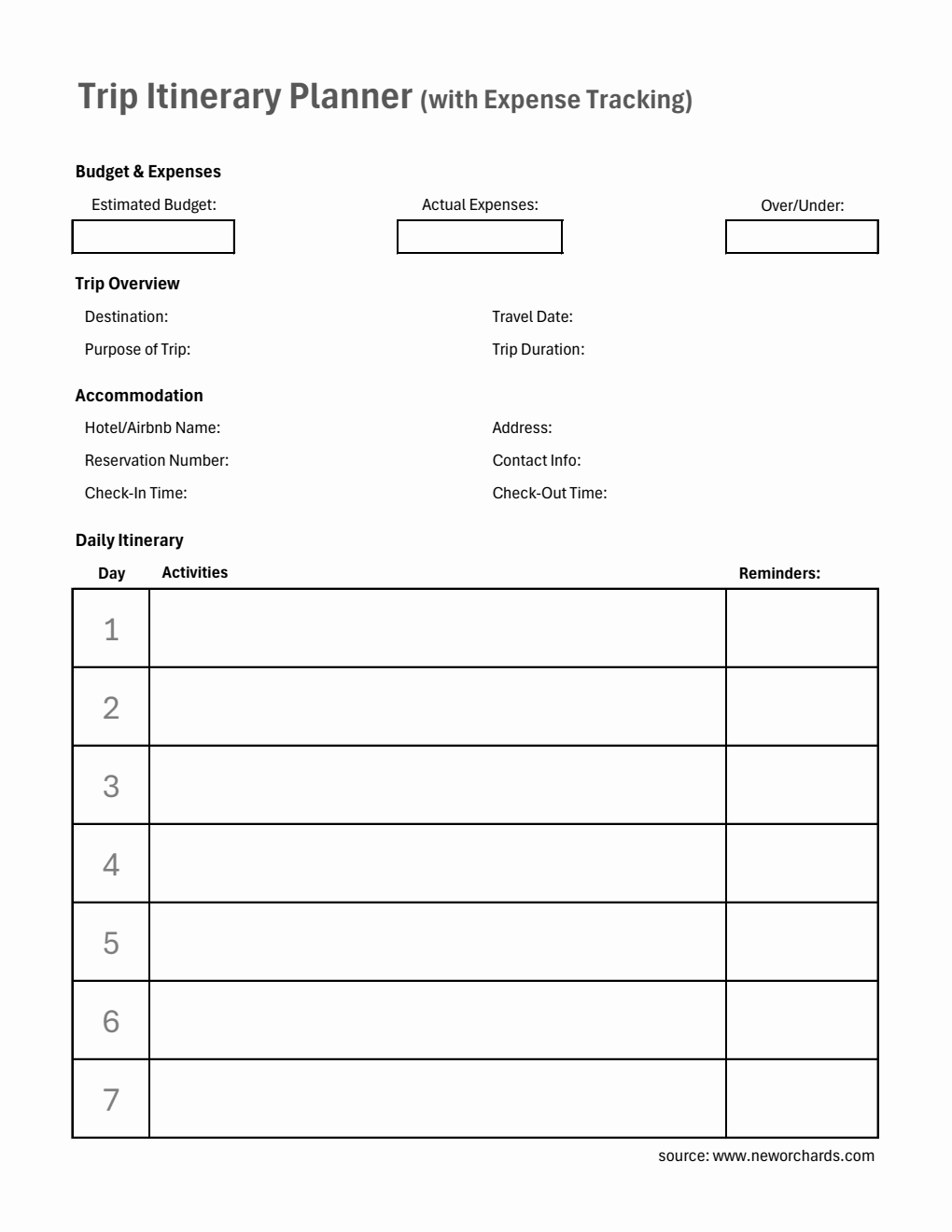 Printable Trip Itinerary Planner with Expense Tracking (Excel Format)