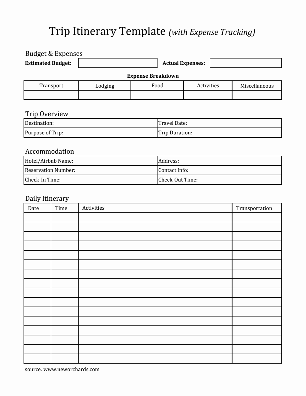 Printable Comprehensive Trip Itinerary Template for Organized Travel Planning (Excel)